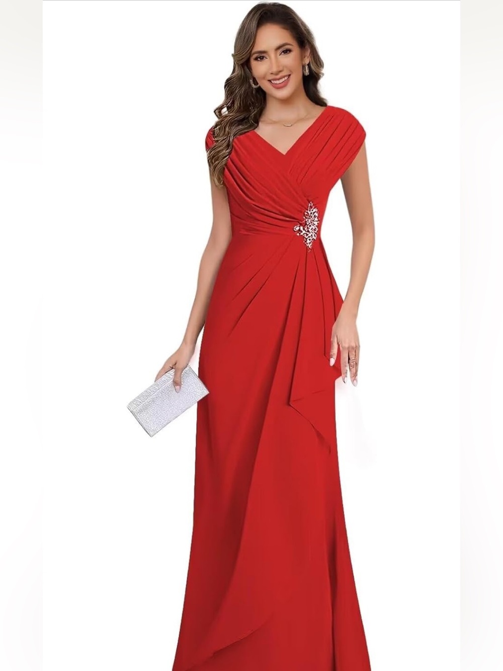 Elegant Red V-Neck Evening Dress with Embellished Waist